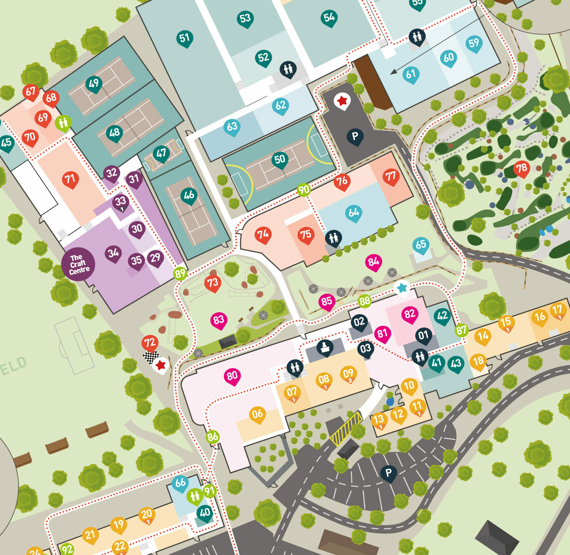 A detailed accessibility map of Manor and Ashbury Resorts, highlighting accessible routes, facilities, and key locations. The map uses color-coded paths and symbols to indicate wheelchair-friendly areas, accessible restrooms, and key amenities. It provides a clear layout of the resort to assist guests with mobility needs in navigating the grounds.